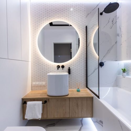 Modern small bathroom interior design. Bright style